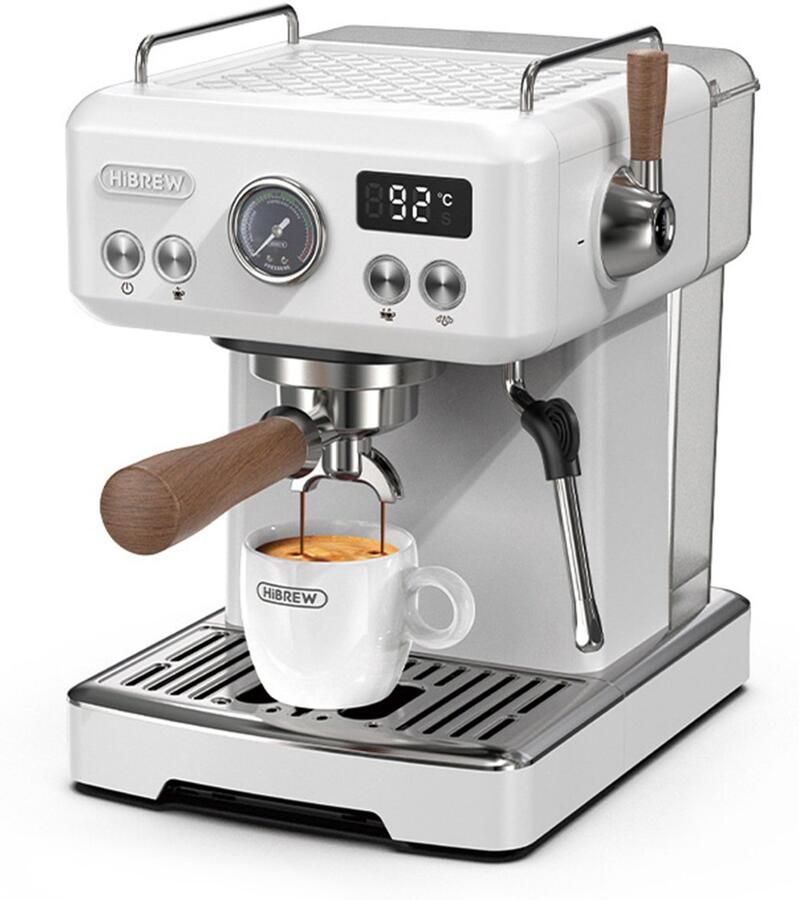 HiBrew H10 Plus espressomachine 20 bar halfautomatische koffiezetapparaat snelle opwarming temperatuurregeling stoompijpje voor cappuccino latte compact roestvrij staal (latte art-kopje niet inbegrepen)