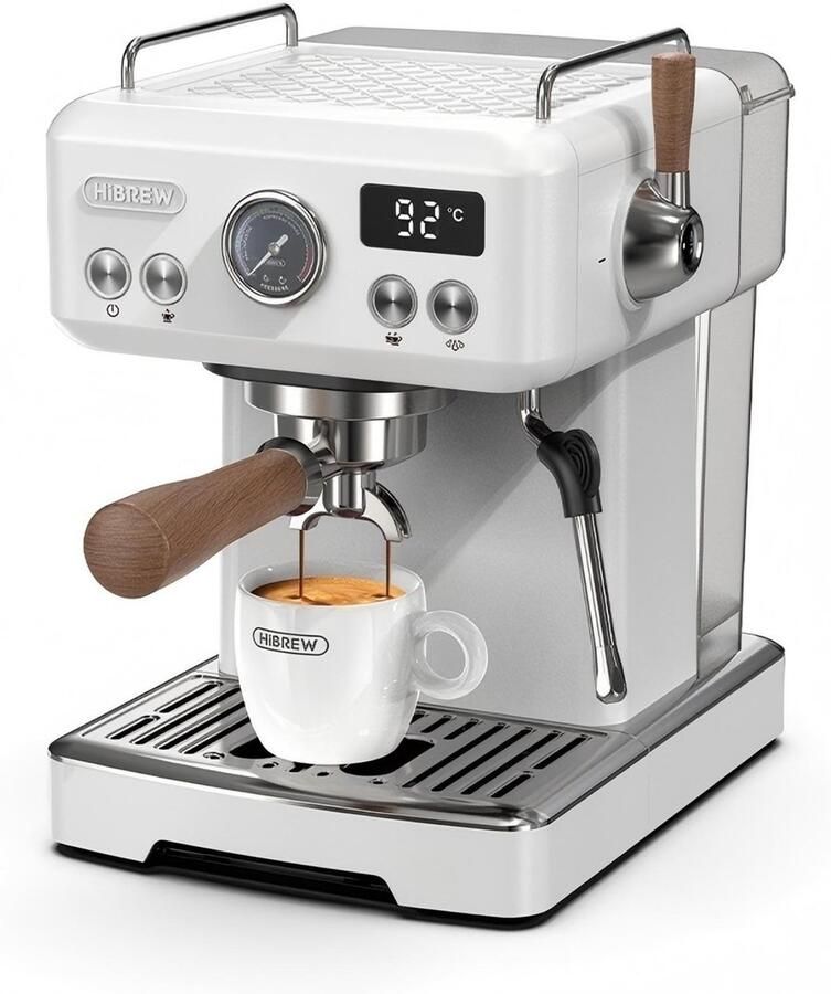 HiBrew H10 Plus Espressomachine – 20 Bar – Semi-automatische Dubbele Temperatuurregeling (PID+NTC) – Flow & Temperatuur Instelbaar – Cold Brew (25°C) – Stoompijp – 1 8L Watertank – 1230W Wit
