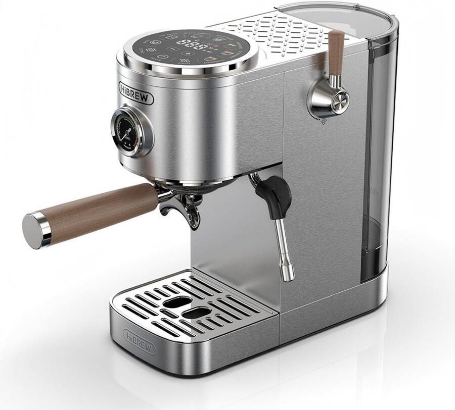 HiBrew H13 Semi-automatische Espressomachine Dubbele Boiler Systeem met 20 Bar Druk Multifunctionele Bereidingsmodi Instelbare Drupbak Zilver