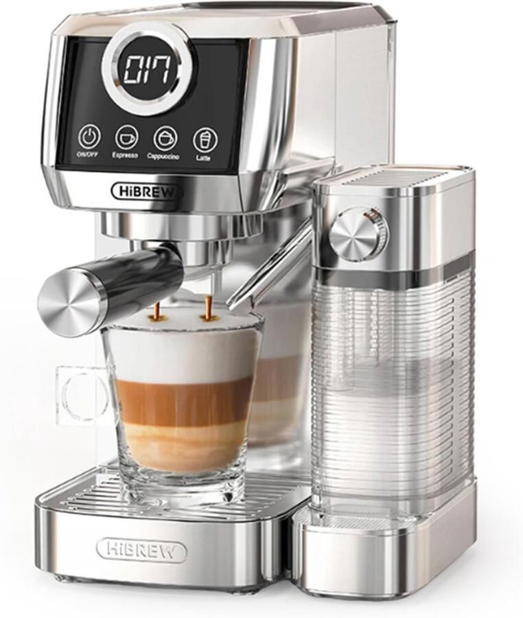 HiBrew H13A 3-in-1 semi-automatische koffiemachine 6 koffiemodi extractiedruk van 20 bar verwijderbaar waterreservoir van 1 3 liter handgreep van 51 mm aluminiumlegering dubbel boilersysteem 3 instelbare temperatuurniveaus