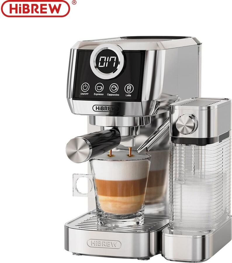 HiBrew H13A Halfautomatische 3-in-1 Koffiemachine – 20 Bar Extractiedruk – PID Temperatuurcontrole – Dubbel Boilersysteem – 1 3L Afneembaar Waterreservoir – Melkopschuimer – Zilver Grijs - Foto 2