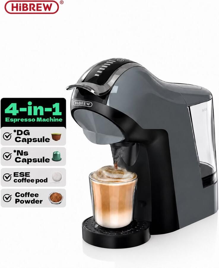 HiBrew H17 4-in-1 Koffiecupmachine 20 Bar Voor NES DG ESE Pods & Gemalen Koffie Warm & Koud 7 Waterniveaus Touch Control Zwart
