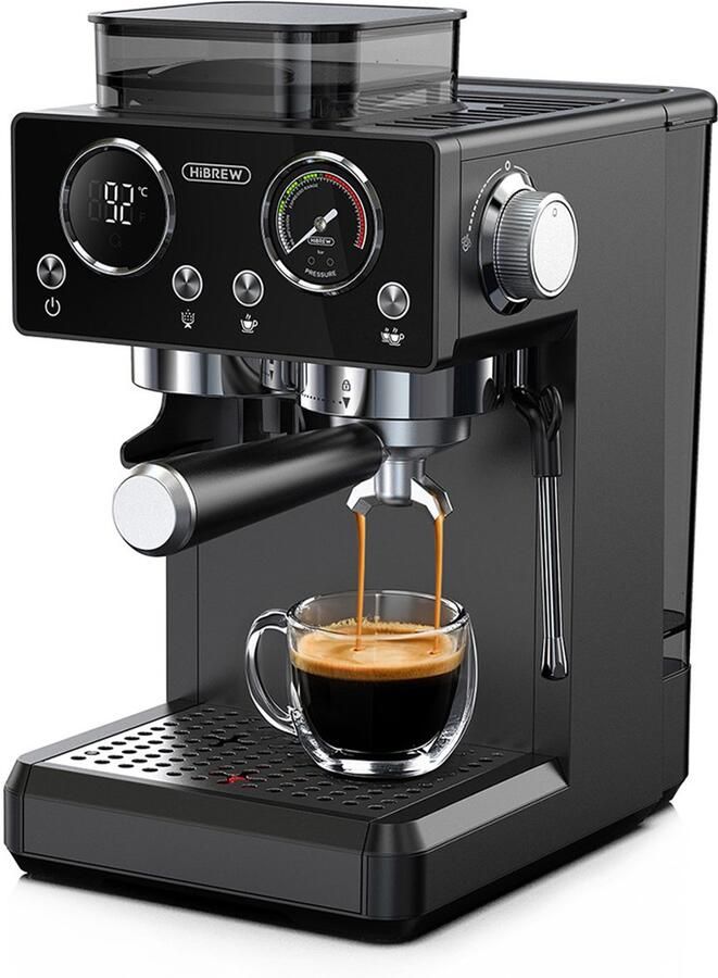 HiBrew H20 alles-in-één koffiezetapparaat met ingebouwde molen dubbele warme en koude extractie druk van 20 bar maalaanpassing op 20 niveaus stoompijpje voor latte watertank van 1 4 liter Smart Touch Control