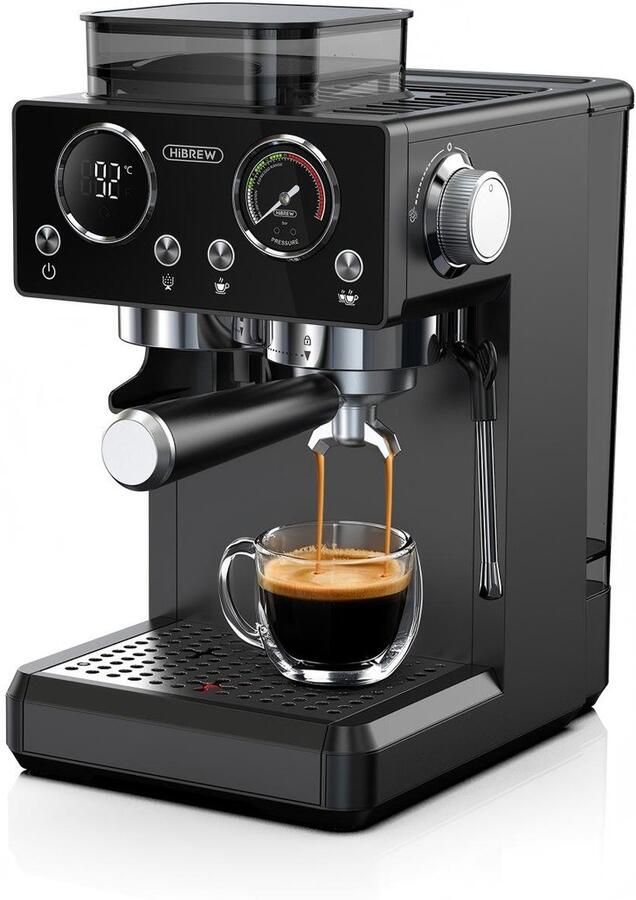 HiBrew H20 Espressomachine – 1350W – 20Bar – Met Geïntegreerde Koffiemolen – Melkopschuimer – 20 Maalstanden – 1 8L Watertank – Warm & Koud Zet Systeem