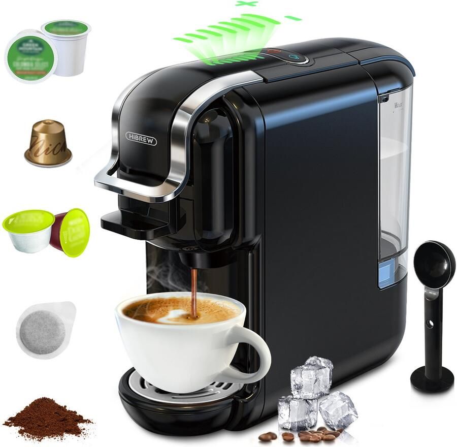 HiBrew H2B 5 in 1 Koffiemachine Koffiezetapparaat Multifunctioneel voor warm en koud Kapsulekoffiezetapparaat Voor Nespresso Dolce Gusto ESE & gemalen koffie Zwart