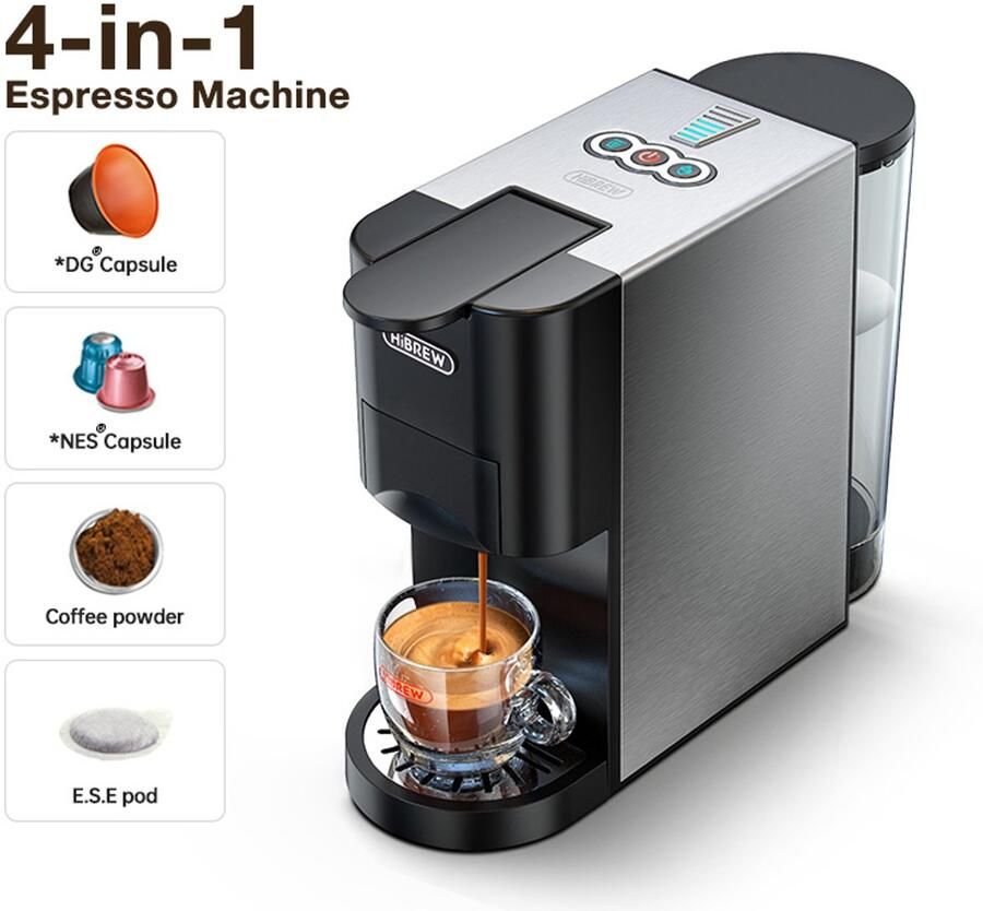 HiBrew H3D 4-in-1 Capsule Koffiemachine – 20 Bar – Geschikt voor Nespresso Dolce Gusto E.S.E. Pods & Gemalen Koffie – Koud & Warm – 7 Waterniveaus – 800ml