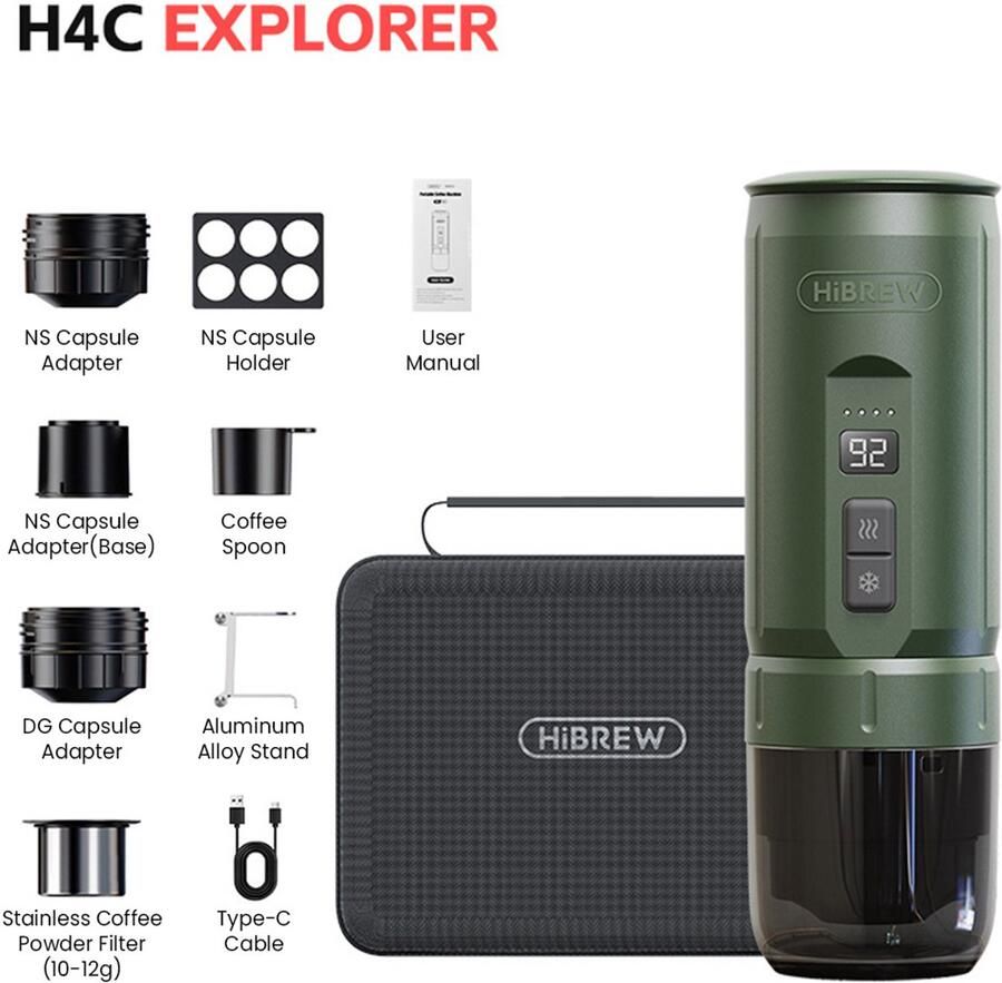 HiBrew H4C draagbaar espressoapparaat handbediende koffiezetapparaat voor kamperen reizen en thuisgebruik