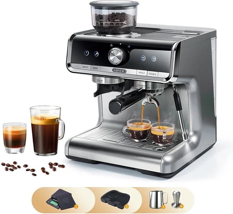 HiBrew H7 Espressomachine – 19 Bar – Ingebouwde Koffiemolen – PID Temperatuurregeling – 2 8L – Zilver