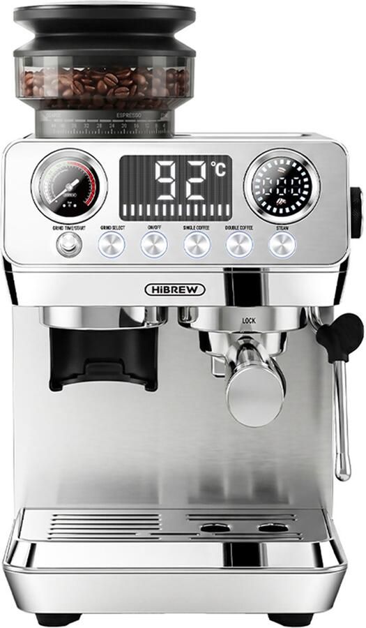 HiBrew H7 Lite halfautomatische koffiemachine met molen 20 bar pomp 1350 W vermogen 1 8 l waterreservoir bonenreservoir van 250 g 44 maalstanden 51 mm filterdrager stoompijpje led-temperatuurweergave