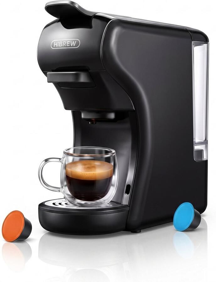 HiBrew Koffiemachine – 4-in-1 Capsulecompatibel – 19 Bar Druk – Programmeerbare Formaten – Voor Thuisgebruik – Zwart