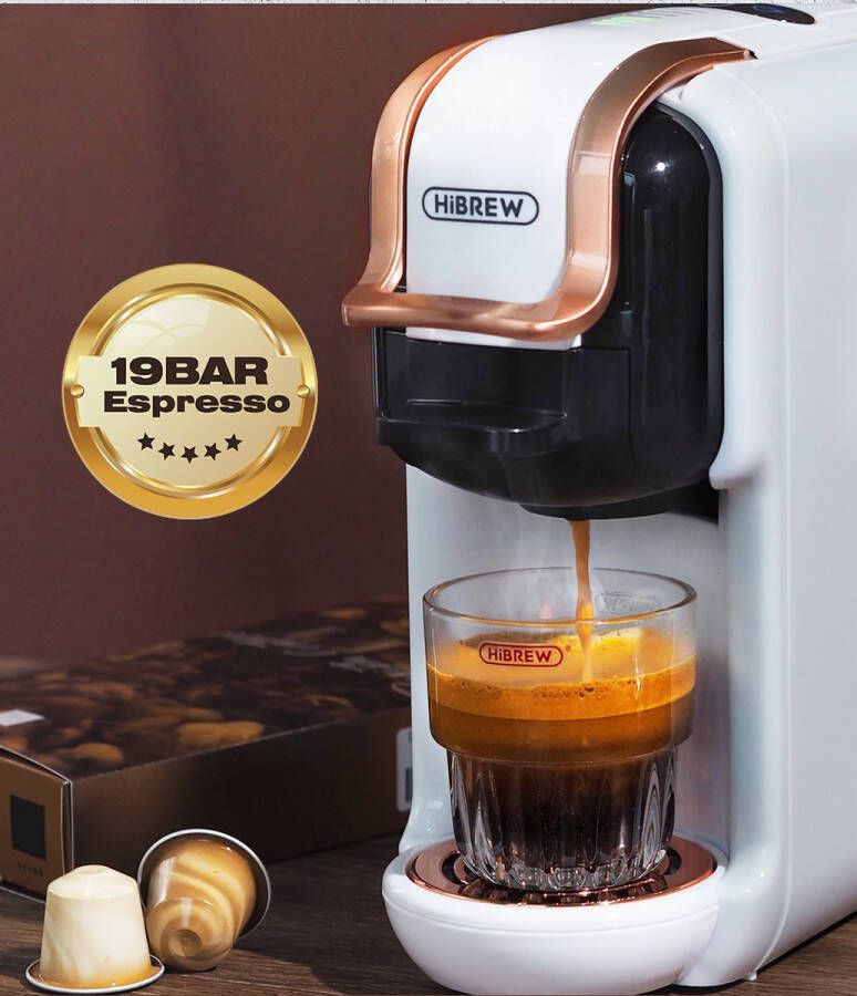 HiBrew Koffie Machine Koffiezetapparaat Wit 5in1 Meerdere Capsules: Dolcegusto & Nespresso Gemalen koffie pads Warme&Koude dranken 19bar