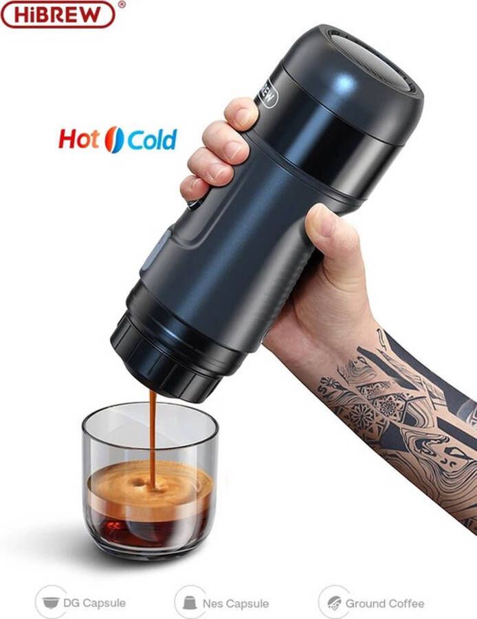 HiBrew -Koffiemaatje Koffiezetapparaat Draagbaar Minipresso Draagbare koffiemaker DC12V Auto Thuis Reizen Capsule Zwart