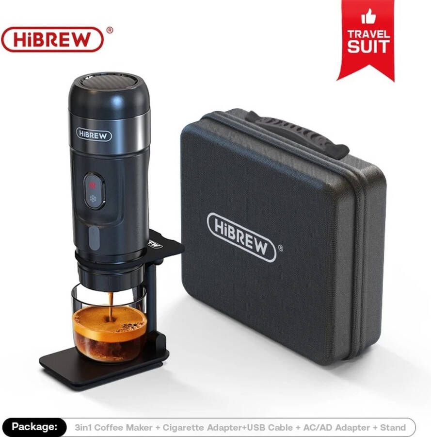HiBrew Nueva Vida Koffiemachine Draagbaar Koffiezetapparaat 12 Volt 15 Bar Espressomachine Incl. Opbergbox Zwart