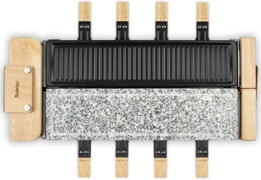 H.KOENIG HKOENIG Raclette Machine WOD360 Tot 8 personen Kooksteen met draaibare bodem Houten design 1400W