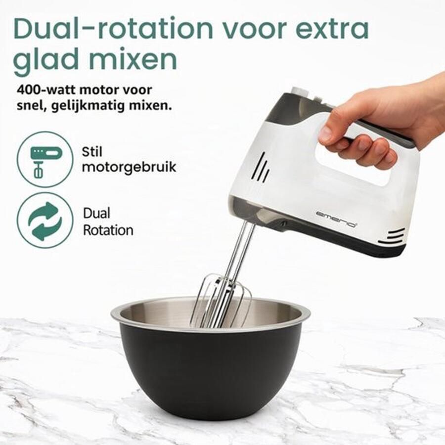 HM-130365 Elektrische handmixer met 400 watt 5 snelheden en turboknop extra lange garde kneedhaak van roestvrij staal geschikt voor vaatwasser BPA-vrij