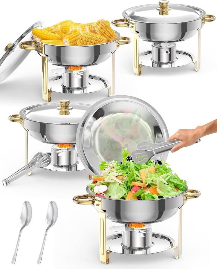 HOERFURIY Chafing Dish Set van 4 5 Liter Ronde RVS Buffet Warmhouders Goud Inclusief Opscheplepel & Tang Warmhoudschaal voor Catering Bruiloft & Feest Gouden Accenten