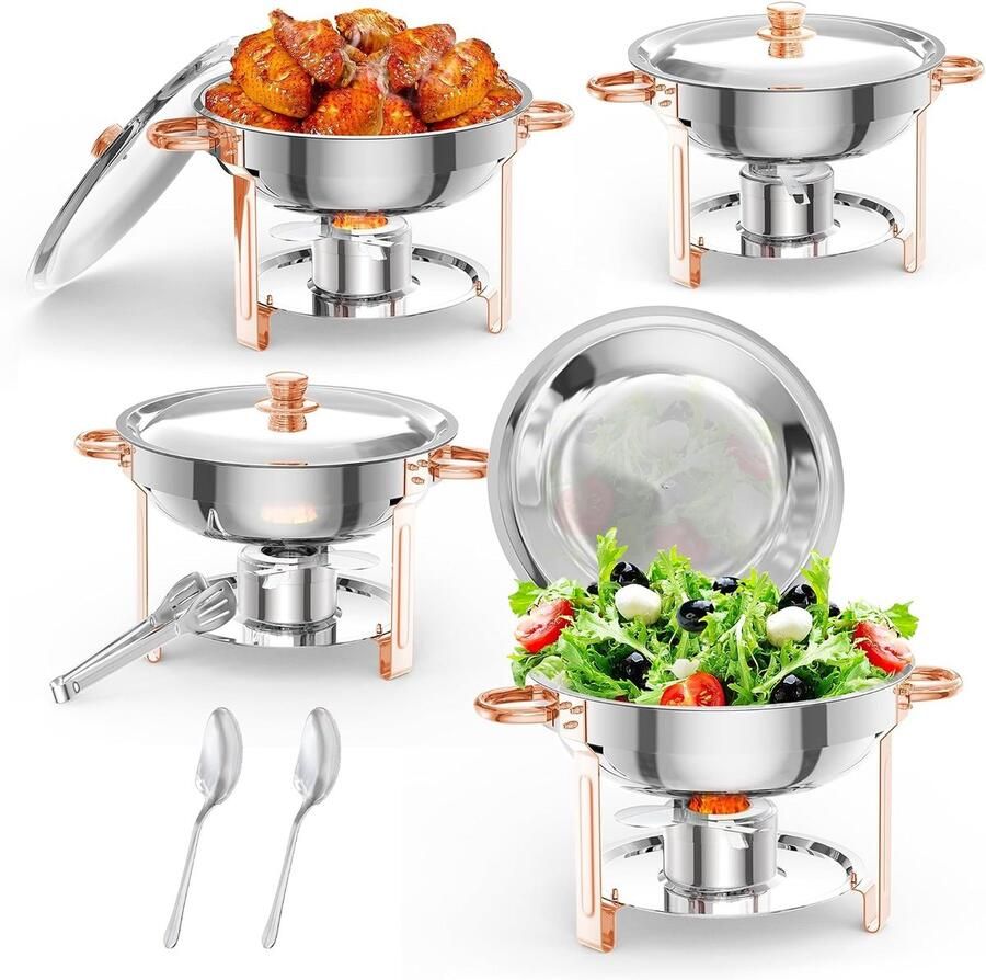 Triumpunpre Chafing Dish Set van 4 5 Liter Ronde RVS Buffet Warmhouders Roségoud Exclusieve Warmhoudschalen met Dekselhouder Voor Catering Bruiloft Hotel & Feesten Rose Gold