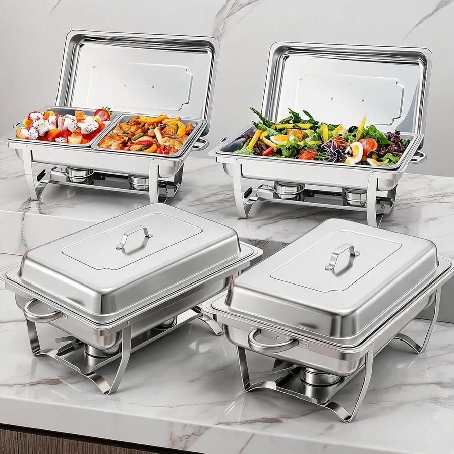 HOERFURIY Chafing Dish Set van 4 9 Liter (8 Qt) RVS Buffetwarmer Inclusief 6 Voedselpannen & Brandstofhouders Opvouwbaar Voor Catering Feesten & Bruiloften Zilver