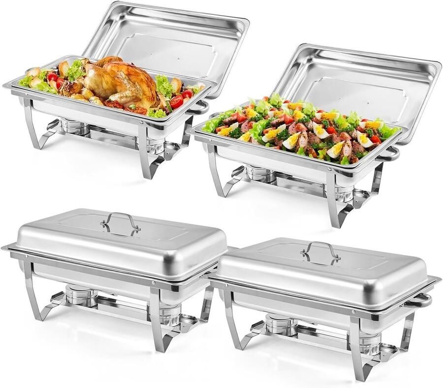 HOERFURIY Chafing Dish Set van 4 9 Liter (8 Qt) RVS Buffetwarmer Inclusief Deksel & Brandstofhouder Opvouwbaar Voor Catering Feesten & Bruiloften Zilver