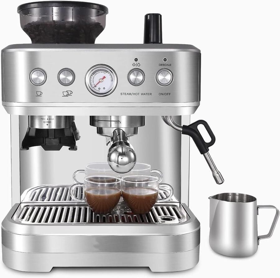 HOERFURIY Pistonmachine met Bonenmaler en Melkopschuimer Espressomachine RVS 15 Bar 2.3 Liter Inclusief Barista Accessoires