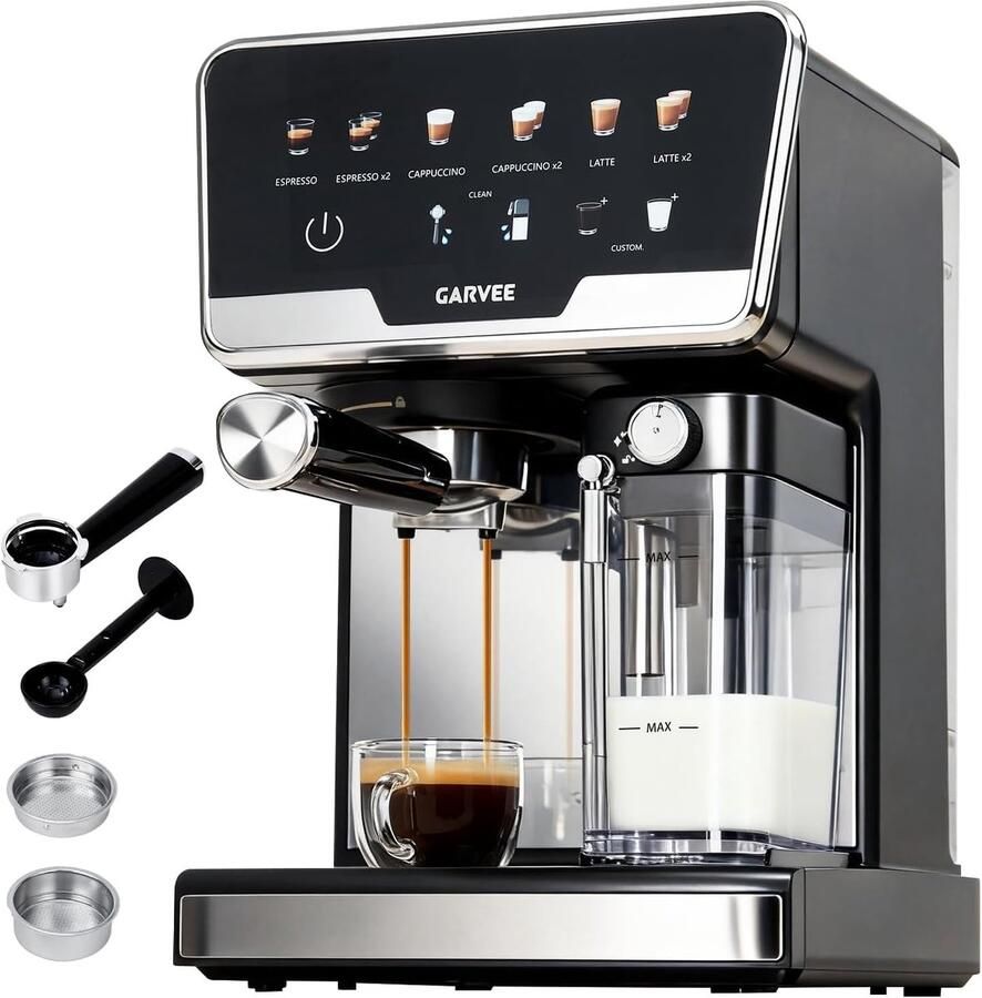 HOERFURIY Professionele Espressomachine met Automatische Melkopschuimer 20 Bar Pistonmachine met Dubbel Verwarmingssysteem 1450W Koffiezetapparaat voor Cappuccino & Latte 2L Watertank & Zelfreinigend RVS Zwart