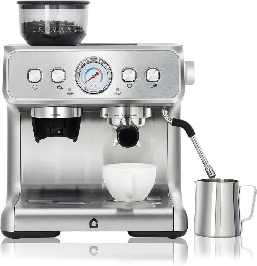 HOERFURIY Professionele Pistonmachine met Bonenmaler en Melkopschuimer Espressomachine met Drukmeter 20 Bar 2.8 Liter Voor Espresso & Cappuccino