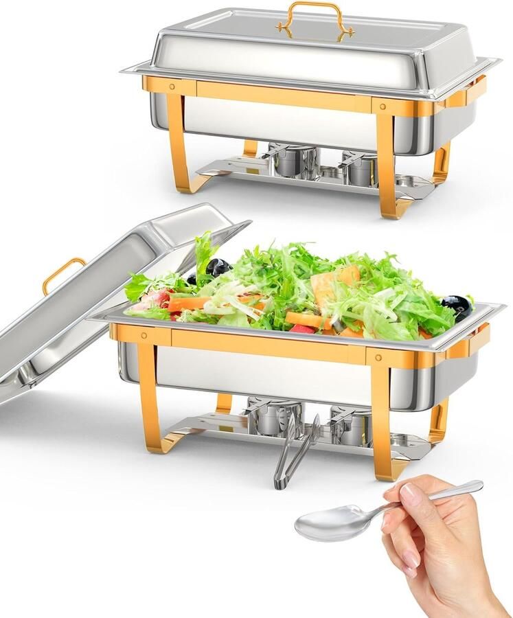 HOERFURIY Set van 2 warmhoudschalen van 8 QT – Roestvrijstalen warmhoudschalen met deksel en opklapbaar frame – Rechthoekige voedselwarmers voor keuken feesten en banketten – 57×35×35 cm – Goud
