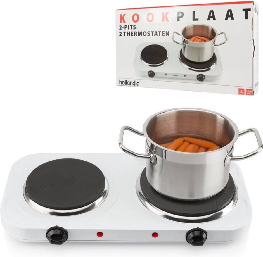 Hollandia Dubbele Elektrische Kookplaat – Vrijstaande Kookplaat 2500W – 2 Kookzones (15 5 cm & 18 5 cm) – 5 Warmtestanden – Metaal – Compact – Wit