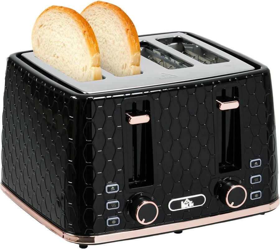 Homcom Broodrooster met 4 Sleuven en 7 Bruiningsniveaus Toaster Broodrooster 4 Sneden Zwart