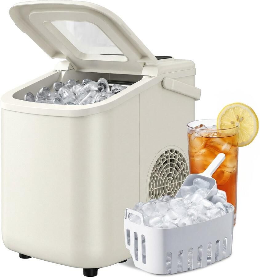 IJsblokjesmachine met ijsschep-draagbare ijsblokjesmaker-zelfreinigend-2 ijsmaten-12 kg 24 uur – keuken en camping – 28 3x22 6x29 9cm – beige beschrijving