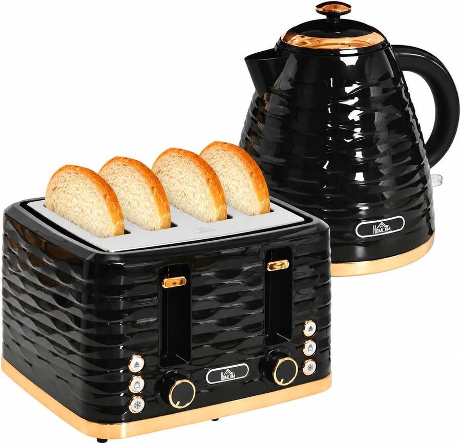 Homcom Waterkoker en Broodrooster Set Ontbijtset 4-Sleufs Broodrooster 1 7 Liter Zwart