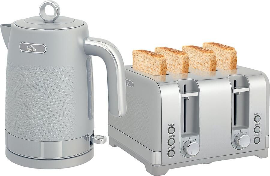 Homcom Waterkoker en broodrooster set Ontbijtset met broodrooster voor 4 sneetjes Keukenset Grijs