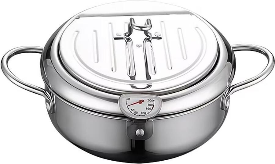 Home & Beyond Frituurpan met Thermometer RVS Frituurpan met Deksel Oliebesparende Frituurpot Geschikt voor Inductie Gas & Keramisch Inclusief Uitlekrek en Tang 21 cm