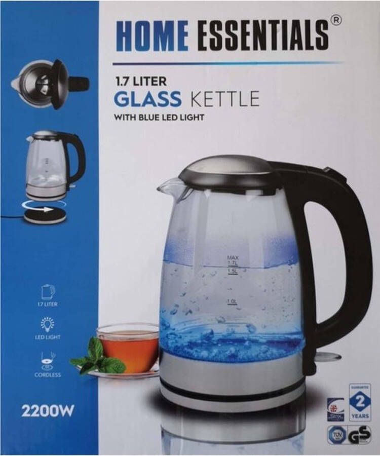 HOME ESSENTIALS Waterkoker Glass Blue Led Light 1.7L