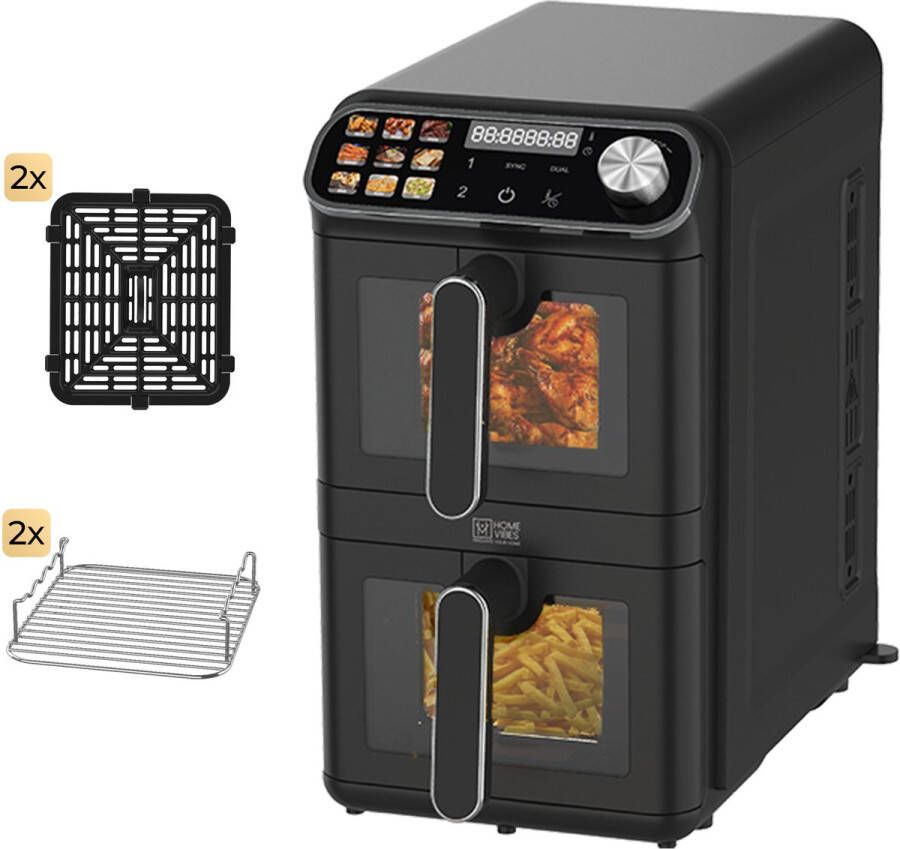 Home Vibes Airfryer XXL – Gestapelde Lades Heteluchtfriteuse 2460W – 11L Air Fryer – 9 Kookprogramma s – PFAS Vrij Voor 5 tot 10 Personen Dubbele Airfryer – Met Extra Accessoires Mat Zwart