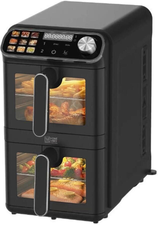 Home Vibes Airfryer XXL – Gestapelde Lades Heteluchtfriteuse 2460W – 11L Air Fryer – 9 Kookprogramma s – PFAS Vrij Voor 5 tot 10 Personen Dubbele Airfryer – Met Extra Accessoires Mat Zwart