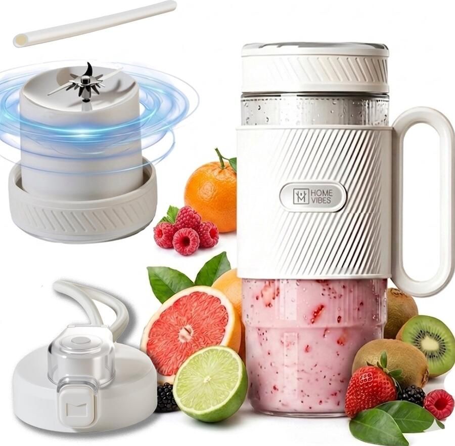 Home Vibes Blender Smoothie Draagbare Blender To Go 500ML Mini Blender 80W Smoothie Maker 2 Opzetstukken Met Rietje Ivoor Wit