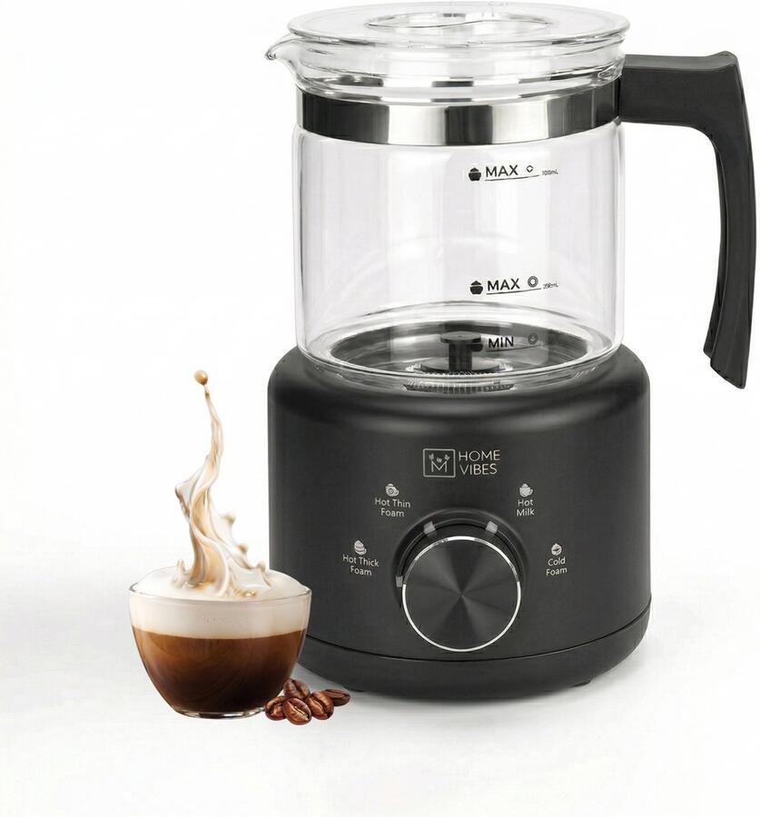 Home Vibes Glazen Melkopschuimer 100% PFAS en BPA Vrij Elektrische Melkschuimer 4-in-1 Model Milk Frother 250 500ML 600W Met Schenktuit Klassiek Zwart - Foto 2
