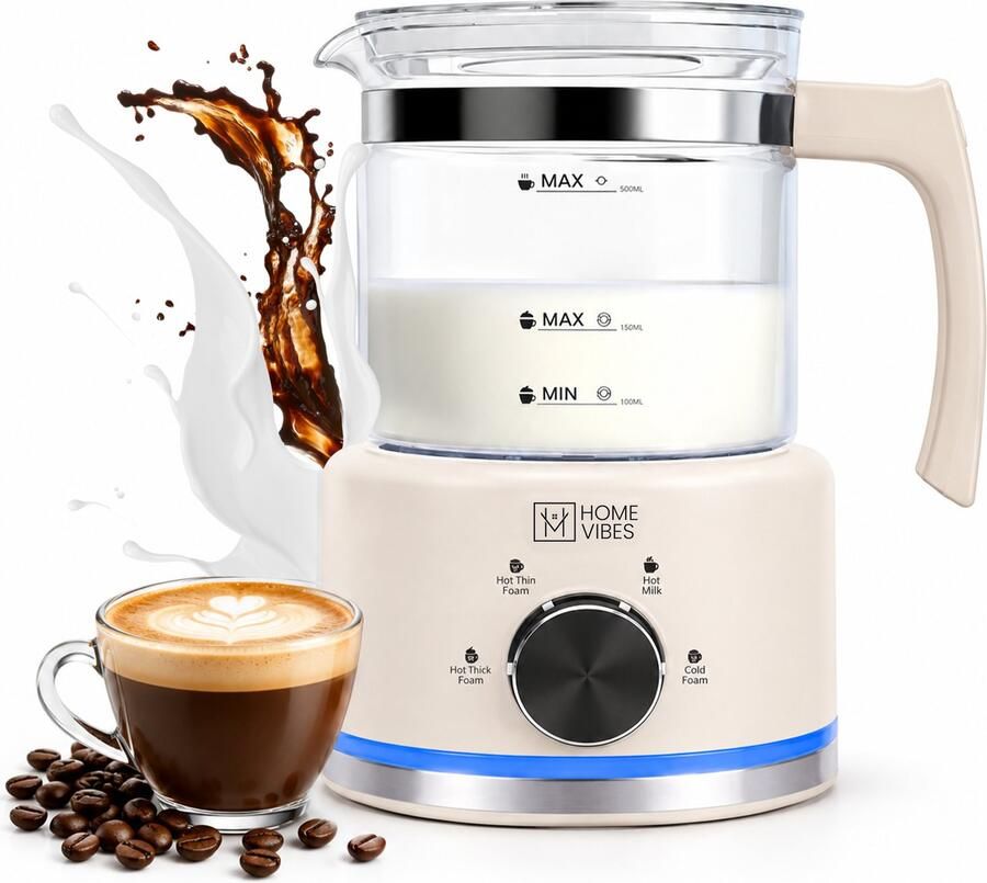 Home Vibes Glazen Melkopschuimer Elektrisch PFAS Vrij Melkschuimer Glas 4 Schuim Functies Milk Frother 500ML 600W Met Schenktuit Beige