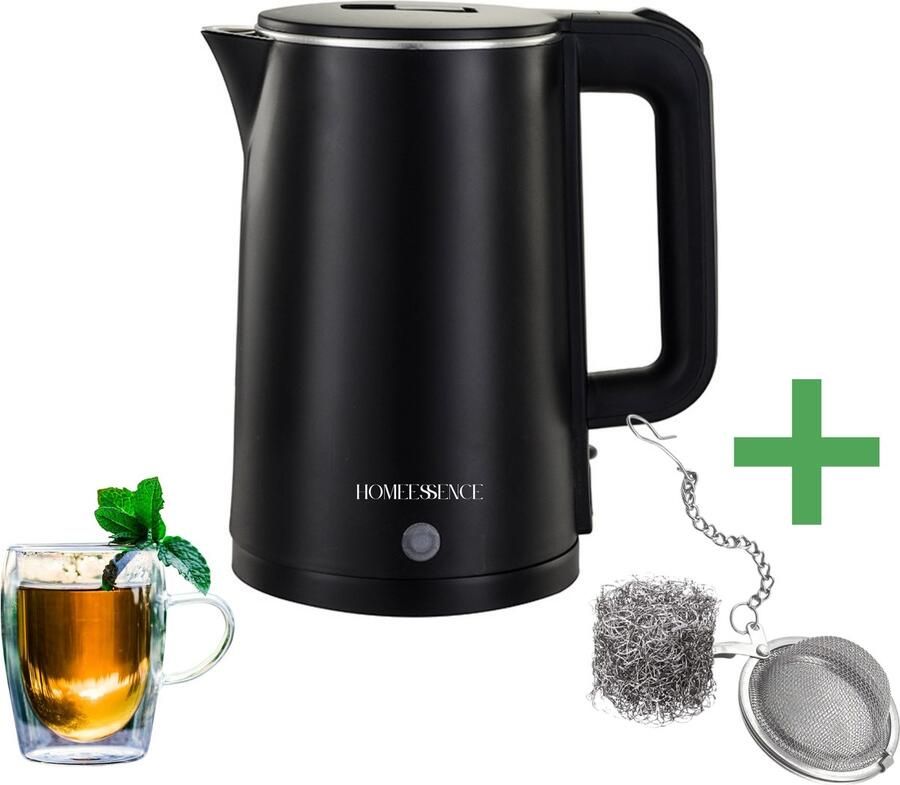 HomeEssence Waterkoker Zwart RVS 1.7L Dubbelwandig & Snel 1500W Elektrisch Stijlvol & BPA-vrij
