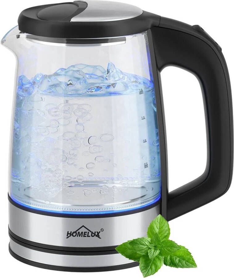Homelux Elektrische Waterkoker 1 8Liter 360° draaibaar 1500W Glas Glazen Waterkoker RVS Met LED