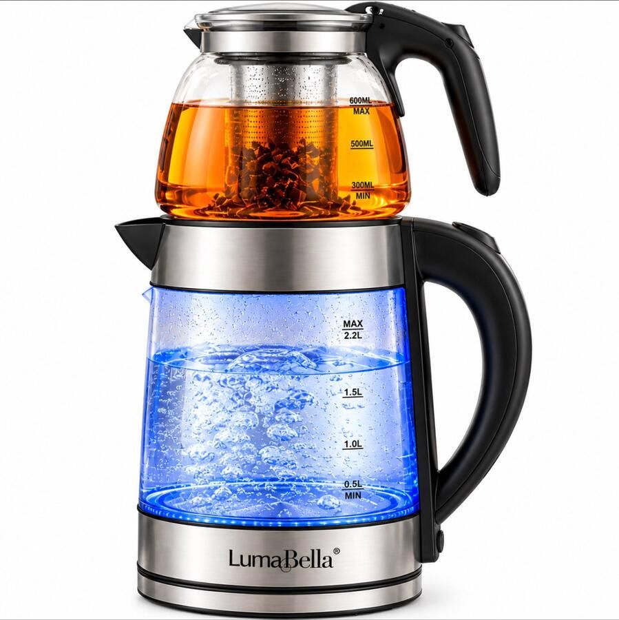 Homelux 2-in-1 glazen waterkoker theepot roestvrij staal 2200W 1 7 liter inhoud met 4 temperatuurinstellingen warmhoudfunctie en theetrechter waterkoker.Digitaal LED Touchbediening Turkse thee