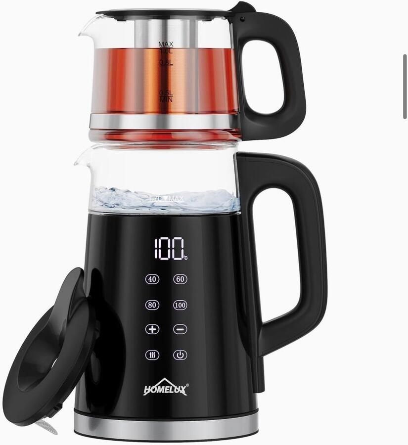 Homelux 2-in-1 glazen waterkoker theepot roestvrij staal 2200W 1 7 liter inhoud met 4 temperatuurinstellingen warmhoudfunctie en theetrechter waterkoker.Digitaal LED Touchbediening Turkse thee