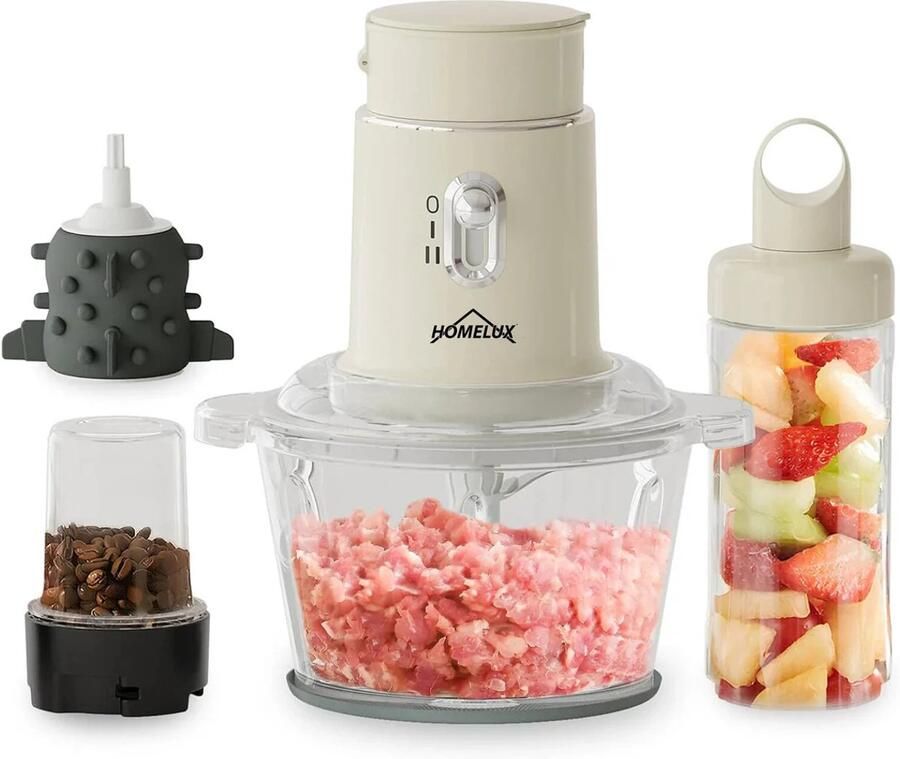 Homelux 4-in-1 Keukenmachine – Hakmolen – Blender – Mixer – 2L Glazen Kom – 600ml Smoothie Beker – 250W Foodprocessor – Knoflooksnijder – Kruidenmolen – Compact Keukenapparaat – Voor Groenten Vlees Noten Smoothies – Keukenhulp