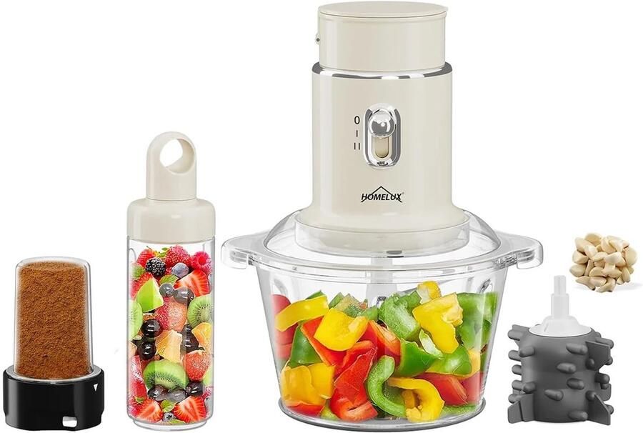 Homelux 4-in-1 Keukenmachine – Hakmolen – Blender – Mixer – 2L Glazen Kom – 600ml Smoothie Beker – 250W Foodprocessor – Knoflooksnijder – Kruidenmolen – Compact Keukenapparaat – Voor Groenten Vlees Noten Smoothies – Keukenhulp