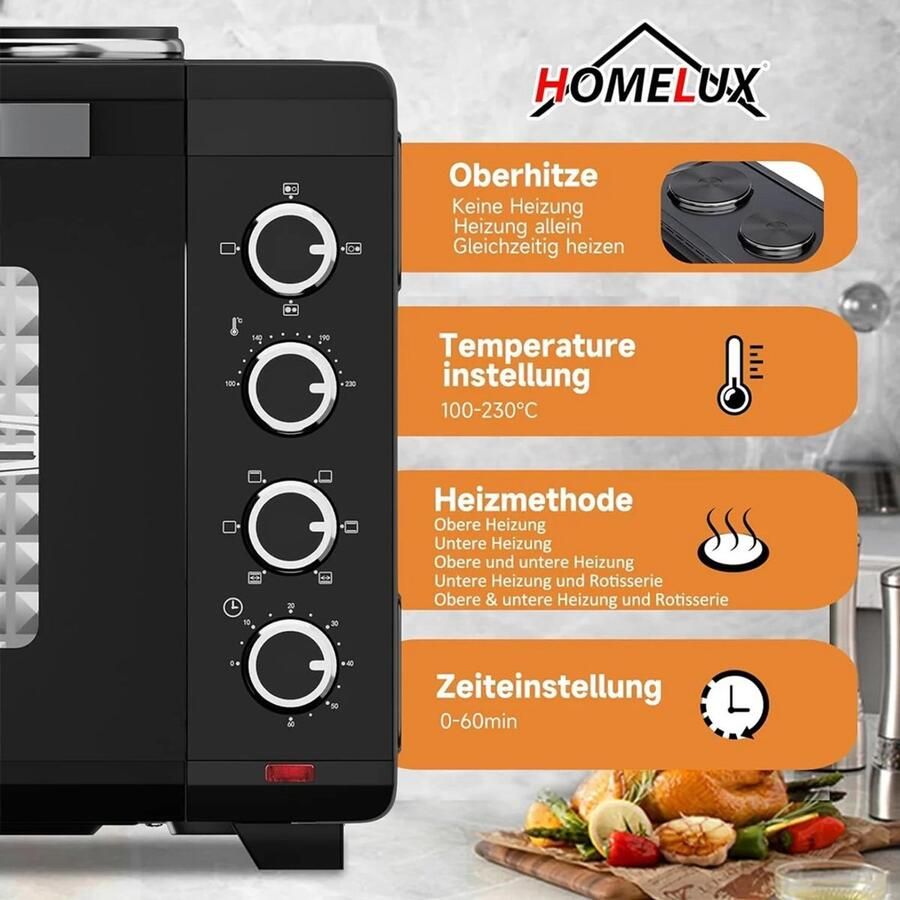 Homelux 48L mini oven met kookplaten draaispit convectie 3600W pizzaoven grill en ovenfunctie
