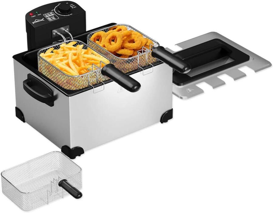 Homelux Dubbele Frituurpan 5L RVS – Professionele Friteuse met 3 Frituurmanden – 2000W Krachtige Koude Zone Frituurpan – Temperatuurregelaar 0-190°C – Grote Friteuse voor Gezin – Dubbele Frituur Ketel met Kijkvenster Antislip & Uitneembare Olietank
