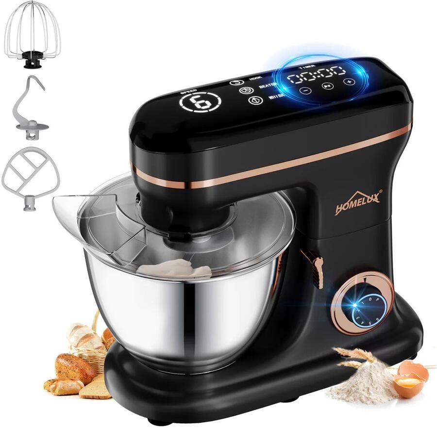 Homelux Keukenmachine 8L – 1800W Krachtige Kneedmachine & Standmixer – Digitale LED Touchscreen Timer – Planetair Mixsysteem – RVS Mengkom 304 – 6 Snelheden + Pulse – Deegmixer voor Brood Taart Beslag – Inclusief Deeghaak Garde & Platte Menghaak