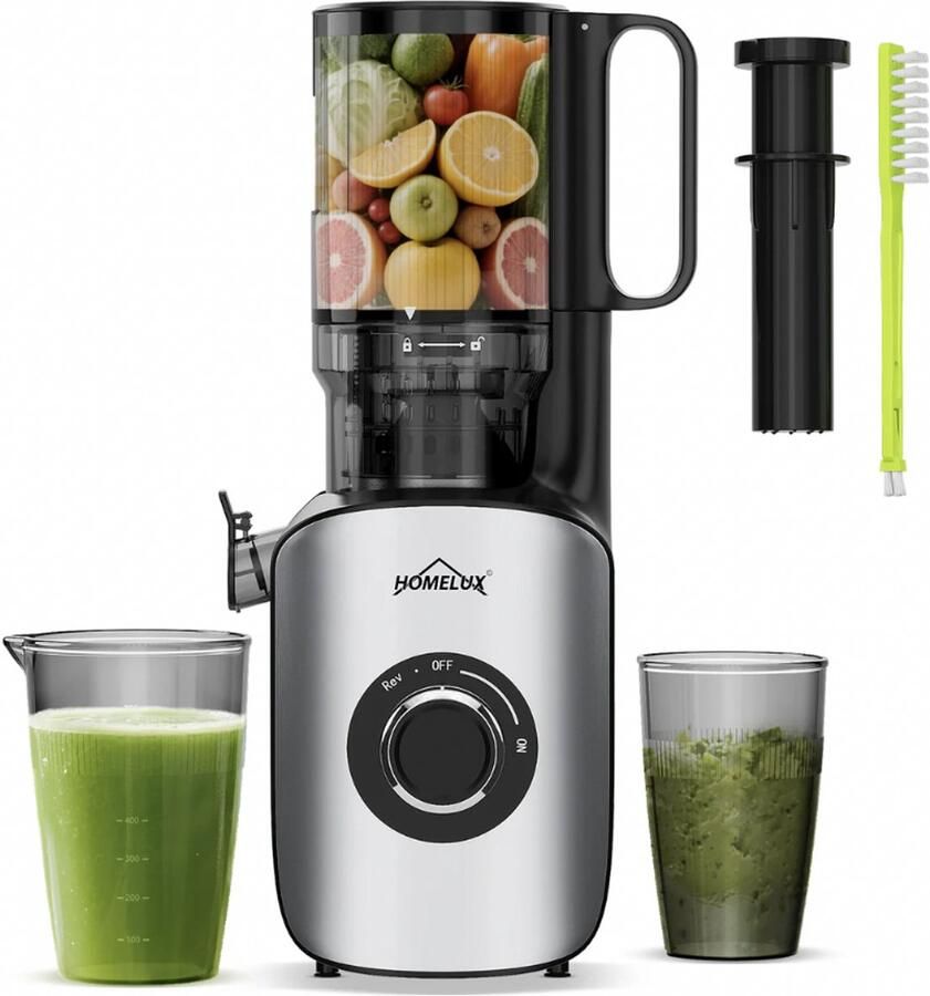 Homelux Slow Juicer 220W 126mm XXL Vulopening voor hele vruchten Elektrische koudperssapcentrifpge INCL 2 bekers en schoonmaakborstel