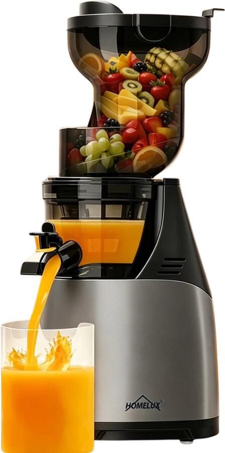 Homelux Slow Juicer XXL 140 mm Vulopening Koudpers Sapcentrifuge 150W Hele Vruchten Hoge Sapopbrengst 85% Fluisterstil 55 dB BPA-vrij Anti-Druppel Reverse Functie Cold Press Juicer Reinigingsborstel Veilig Vulsysteem Juicers